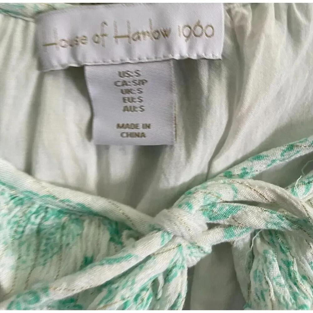 House of Harlow 1960 Paisley Long Sleeve Ruffle Smocked Mini Dress Mint Green S - Picture 8 of 9